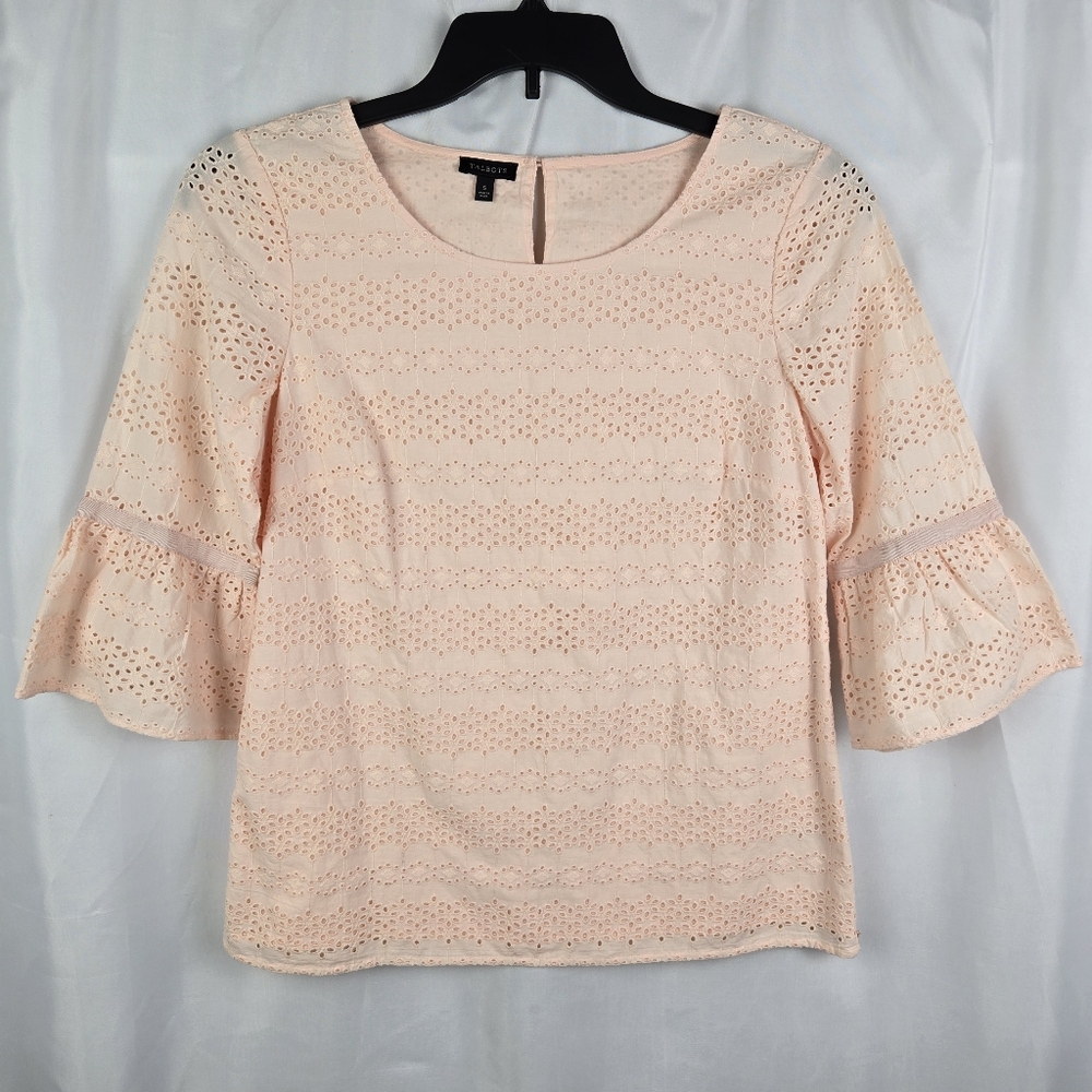 Talbots Light Peach 3/4 Bell Sleeve Cotton Eyelet Blouse Top Womens Small